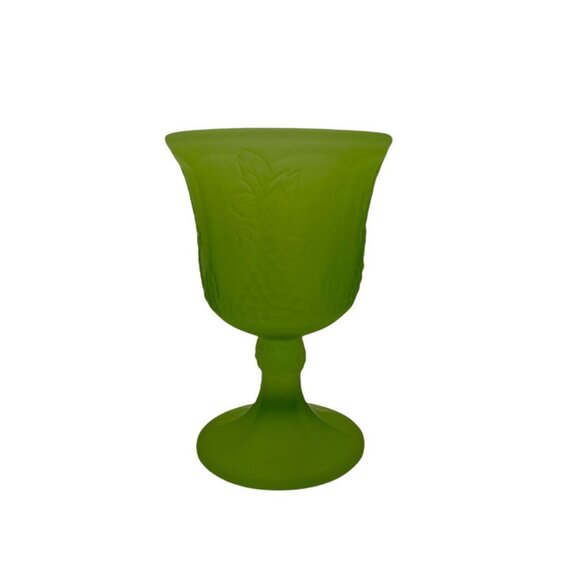 Vintage MCM Indiana Glass Frosted Satin Green Goblet Harvest Grape Pattern 5.25" - Picture 2 of 5